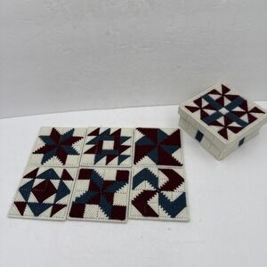 Vintage Handmade Set of 6 Needlepoint Yarn Quilt Block Coasters with Holder 4x4
